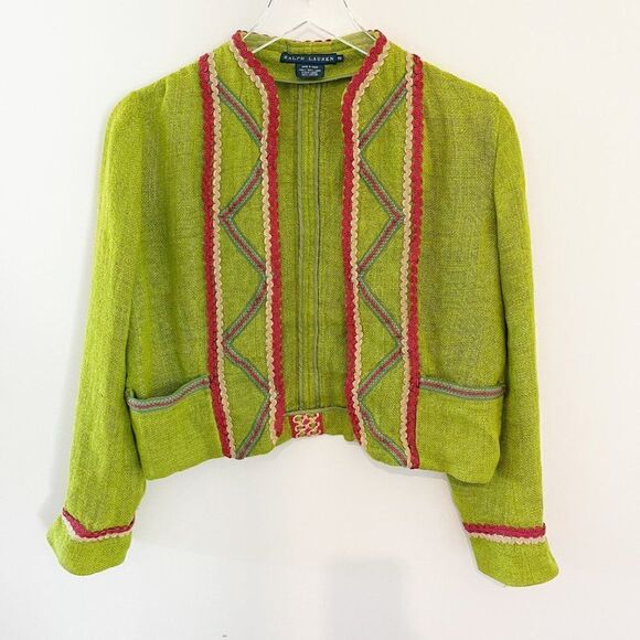 Ralph Lauren Green Linen Embroidered Tapestry Jacket Coat Artsy Lagenlook Artisa - Picture 1 of 8